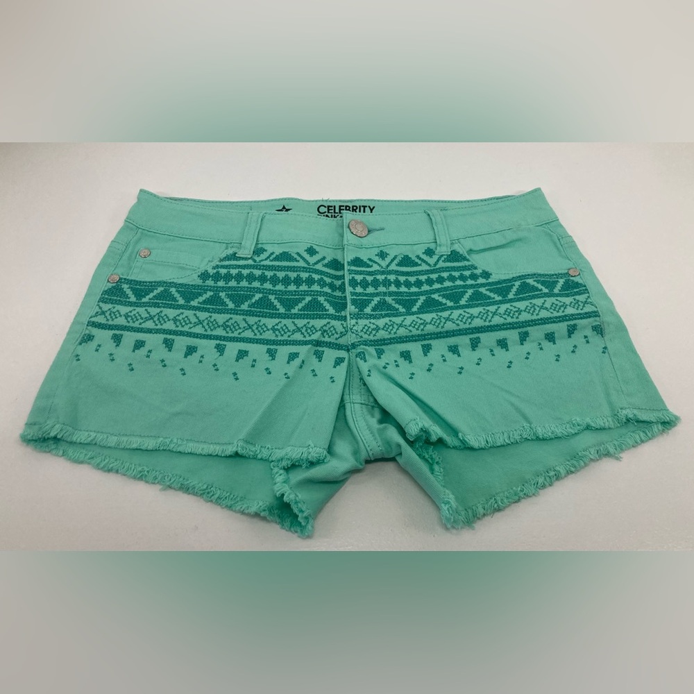 NWOT Y2K Celebrity Pink Mint Green Aztec Pattern Jean Shorts Coastal Cowgirl Fun